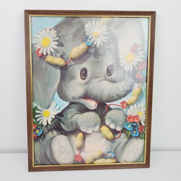 Vintage 1970's Nursery Art Lot Framed Big Animal Elephant & Tiger Kitty - Picture 1 of 13